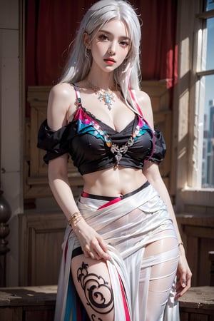 female,masterpiece, realistic, best quality, ultra detailed, waist up, white hair, ((colorful hair):1.2),tattoo, jewelery, creative clothing, fashionable accessories