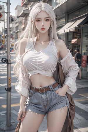 1girl,solo,masterpiece, photorealistic, best quality, hips up,upper_body,cowboy_shot, street wear,highleg style, white_hair