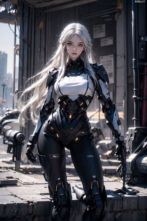 photorealistic, high resolution, 1women, solo, hips up, long white hair, robot,roblit,robot woman, robot body, mechanic body, metal body, cyborg,(black gold, trimmed gear:1.2)