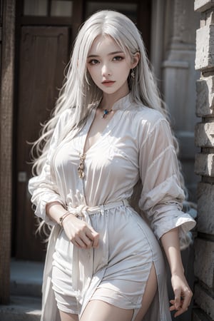 female,masterpiece, realistic, best quality, ultra detailed, cowboy_shot, long white hair, fashionable accessories, 