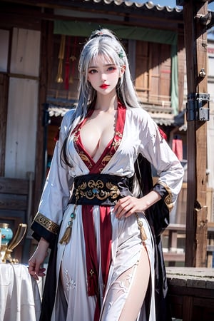 photorealistic, high resolution, 1women, shining skin, solo, jewelry, pink lips, white hair, long hair, blue eyes, closed mouth, hips up, green taoist robe, Chinese winter filed, weapon, sword