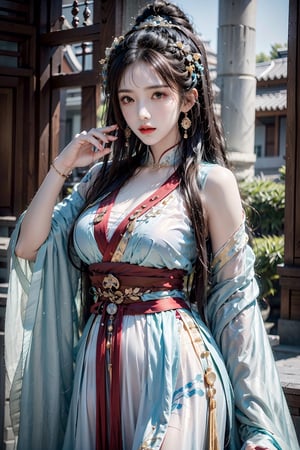 female,masterpiece, realistic, best quality, ultra detailed, waist up, long hair, ((colorful hair)),tattoo, jewelery, fashionable accessories,myhanfu