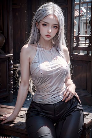 photorealistic, high resolution, 1women, shining skin, solo, hips up, jewelry, pink lips, long white hair, blue eyes, tattoo,aoyem clothes (((no wearing pants)))