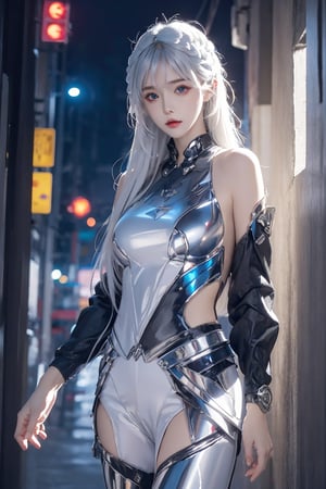 masterpiece,(bestquality),ultra-detailed,photorealistic,1girl,solo,accessories,7mix2,matrix suit,white hair