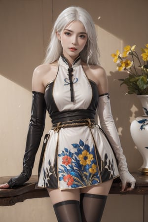 (masterpiece),(best quality),(ultra detailed),1girl,solo,hip up,closed mouth,silky leisure outfit,black stockings,gloves,accessories, BREAK
long hair,(white hair color:1.05)