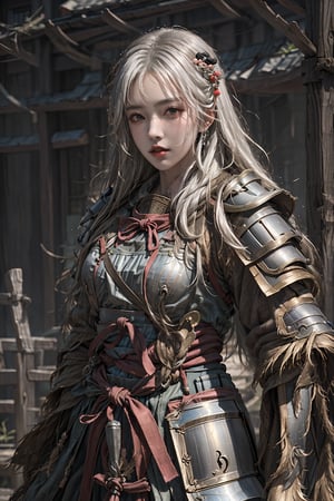 1girl,solo,masterpiece, realistic, best quality, ultra detailed,cowboy_shot ,
White hair,
long_hair, samurai armor