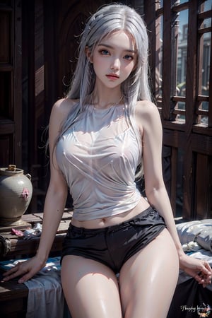 photorealistic, high resolution, 1women, shining skin, solo, hips up, jewelry, pink lips, long white hair, blue eyes, tattoo,aoyem clothes (((no pants)))