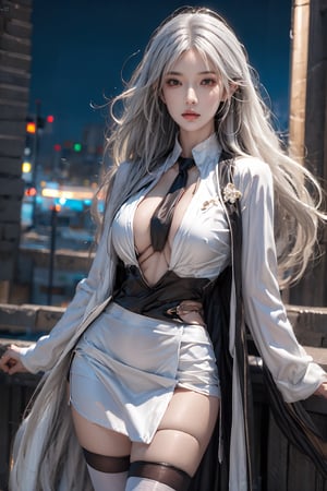 1female,solo,masterpiece, realistic, best quality, ultra detailed,cowboy_shot, long white hair, jewelery, skirt suit, thighhighs, night city