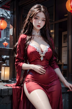 photorealistic, high resolution, 1girl, hips up, jewelry, tattoo, pink lip, long hair,The picture is frozen in a solemn and solemn memorial scene. The ancient courtyard was surrounded by red lanterns, and their faint light illuminated the entire scene.A woman wearing a red dress. Her long hair was as white, hanging down to her waist. A red ribbon fluttered gently in the breeze