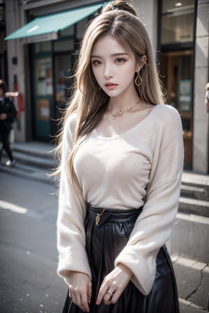 female,masterpiece, realistic, best quality, ultra detailed, waist up, long hair, jewelery, fashionable accessories, street wear