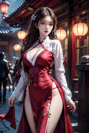 photorealistic, high resolution, 1girl, hips up, jewelry, pink lip, long hair,The picture is frozen in a solemn and solemn memorial scene. The ancient courtyard was surrounded by red lanterns, and their faint light illuminated the entire scene.A woman wearing a red hanfu dress. Her long hair was as black, hanging down to her waist. A red ribbon fluttered gently in the breeze