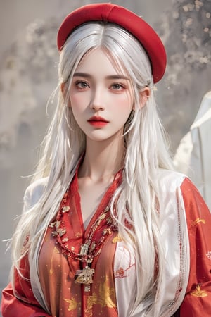 A stunning solo shot of a young woman with striking white long hair, Vietnam tranditional clothing, ao tu than,full body,ntgirl