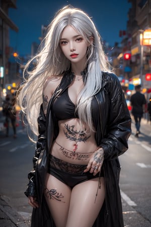 1female,solo,masterpiece, realistic, best quality, ultra detailed,cowboy_shot, long white hair, jewelery, street wear, night city,tatoo