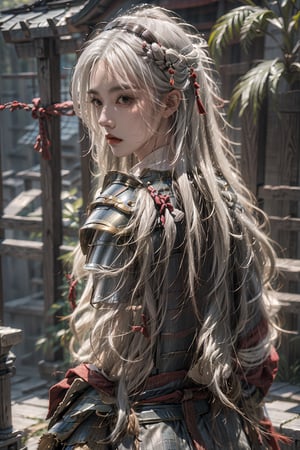 1girl,solo,masterpiece, realistic, best quality, ultra detailed,from_behind,looking back ,
White hair,
long_hair, samurai armor