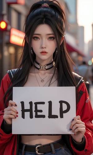 A stunning solo shot of a young woman with striking long hair, dressed in the latest street wear fashion,holding up a sign with the word "HELP",LXflux