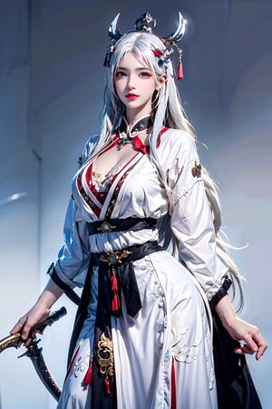 photorealistic, high resolution, 1women, shining skin, solo, jewelry, pink lips, white hair, long hair, blue eyes, closed mouth, hips up, green taoist robe, Chinese winter filed, weapon, sword