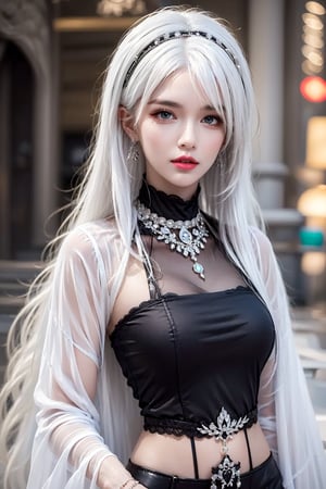 female,masterpiece, realistic, best quality, ultra detailed, waist up, white hair, ((colorful hair)), jewelery, fashionable accessories, dress, 2b