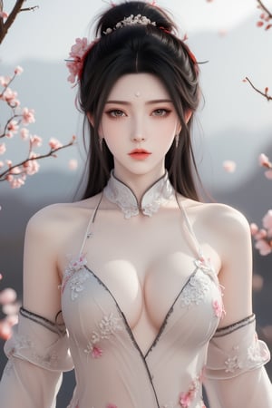 Woman, Eroflo, sexy, blossom, particles floating, tree branch, gray sky, gloomy, chinese temple
,lxmix