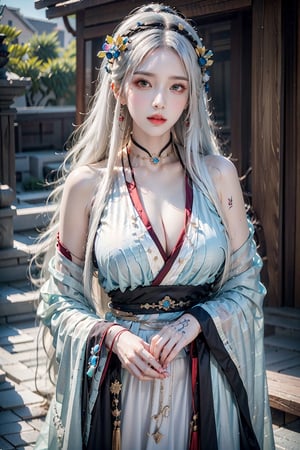 female,masterpiece, realistic, best quality, ultra detailed, waist up, white hair, ((colorful hair)),tattoo, jewelery, fashionable accessories,myhanfu