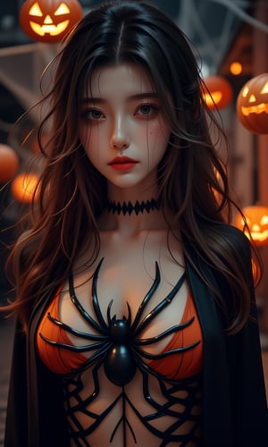 A close-up shot of a woman with long, curly brown hair and piercing green eyes, dressed in a spider-themed costume, featuring intricate black webbing and orange accents. The lighting is dimly lit with a warm glow, emphasizing the eerie atmosphere. She's posed in front of a spooky Halloween backdrop, with cobwebs and jack-o'-lanterns.qqmix