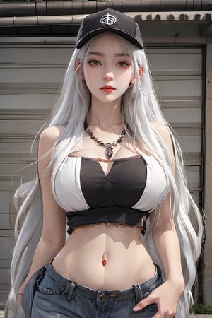 (masterpiece),(best quality),(ultra detailed),1girl,solo,closed mouth, long hair,accessories, street wear,huge breasts