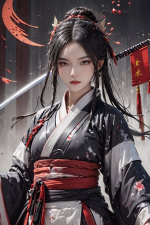 muelsyse (arknights),1girl, solo,hanfu,chinese clothes,splatter background, holding sword, best quality, amazing quality, very aesthetic, absurdres