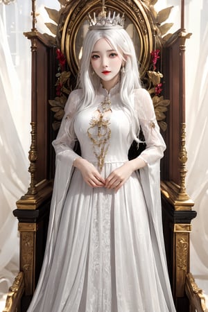 (masterpiece),(best quality),(ultra detailed),1girl,solo,hip up,closed mouth,colored dress,crown,throne,accessories, BREAK
(white hair color:1.05)