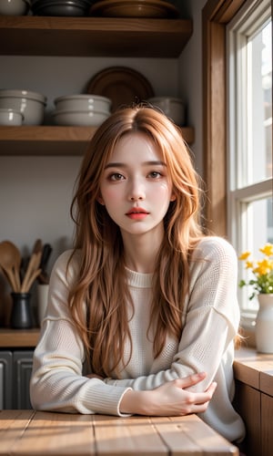 A photorealistic image of a woman in her late 20s with long auburn hair, sitting at a rustic wooden table in a cozy kitchen. She is wearing a soft cream-colored sweater, and her expression is warm and inviting as she gazes out of a window with sunlight streaming in. The background includes shelves with neatly arranged kitchenware and a vase of fresh flowers.
ntgirl