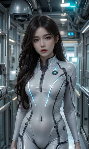 Realistic style, a 20-year-old beautiful Japanese woman with long black hair and sharp brown eyes, wearing a sleek, white futuristic mecha suit with glowing blue lines. She is standing in a high-tech laboratory filled with neon lights, holographic screens, and advanced robotic arms. Her expression is focused and determined. FuturEvoLabMecha,realistic,ntgirl