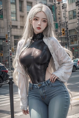 1girl,solo,masterpiece, photorealistic, best quality, hips up,upper_body,cowboy_shot, street wear,green highleg bodysuit,jeans, white_hair