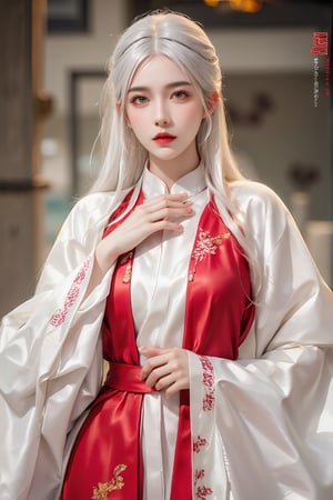 A stunning solo shot of a young woman with striking white long hair, Vietnam tranditional clothing, ao tu than,from thigh,ntgirl