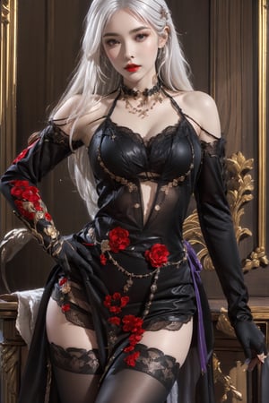 (masterpiece),(best quality),(ultra detailed),1girl,solo,hip up,closed mouth,Midnight Kiss outfit,lace,black stockings,gloves,red flower,jewelry,string,chain,purple piece of shirt,BREAK
long hair,(white hair color:1.05)