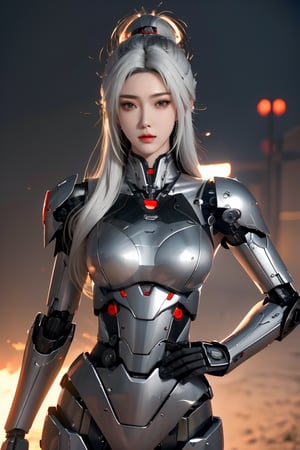 A photorealistic image of a woman,hip up, white hair,cyborg samurai,mecha body, robot joints,,lxmix,