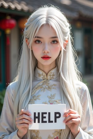 A stunning solo shot of a young woman with striking white long hair, dressed in the aodai (Vietnam’s national dress),holding up a sign with the word "HELP",ntgirl