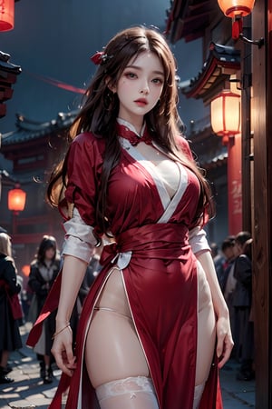 photorealistic, high resolution, 1girl, hips up, jewelry, pink lip, long hair,The picture is frozen in a solemn and solemn memorial scene. The ancient courtyard was surrounded by red lanterns, and their faint light illuminated the entire scene.A woman wearing a red hanfu dress. Her long hair was as black, hanging down to her waist. A red ribbon fluttered gently in the breeze