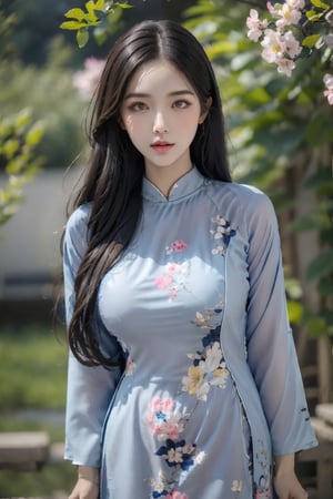 (masterpiece),(best quality),(ultra detailed),1girl,solo,closed mouth, long hair,accessories,(blue outfit:1.8), aodai,floral print,huge breasts