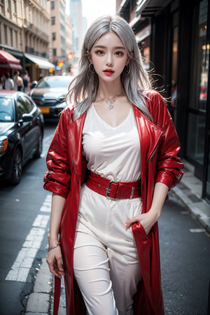 female,masterpiece, realistic, best quality, ultra detailed, waist up, silver hair, jewelery, fashionable accessories, street wear, fashion clothing, colorful, red clothing
