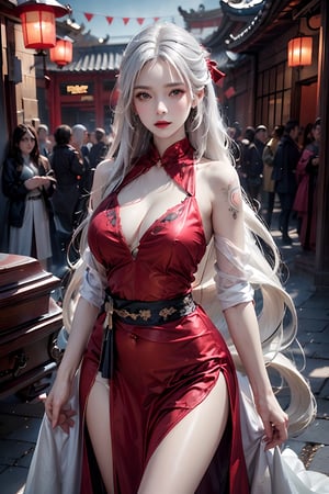 photorealistic, high resolution, 1girl, hips up, jewelry, tattoo, pink lip, long white hair,The picture is frozen in a solemn and solemn memorial scene. The ancient courtyard was surrounded by red lanterns, and their faint light illuminated the entire scene. In the center of the scene is a gorgeous coffin with smooth wood and gorgeous carvings of clouds, dragons and phoenixes, like an ancient traditional painting. Standing next to the coffin was a woman wearing a red dress. Her long hair was as white, hanging down to her waist. A red ribbon fluttered gently in the breeze