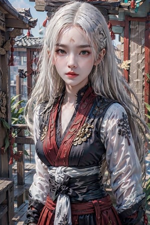 photorealistic, high resolution, soft light,1women, solo, hips up, shining skin, (detailed face), jewelry, white hair, wavy hair, kungfu pose, (chinese talisman on forehead:1.2), tattoo, red JINKUNGFU, JINKUNGFU SUIT