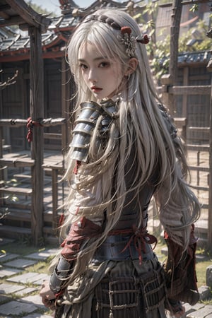 1girl,solo,masterpiece, realistic, best quality, ultra detailed,from_behind,looking back ,
White hair,
long_hair, samurai armor