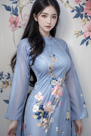 (masterpiece),(best quality),(ultra detailed),1girl,solo,closed mouth, long hair,accessories,(blue outfit:1.8), aodai,floral print,huge breasts