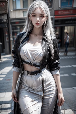 female,masterpiece, realistic, best quality, ultra detailed, cowboy_shot, long white hair, fashionable accessories, street wear