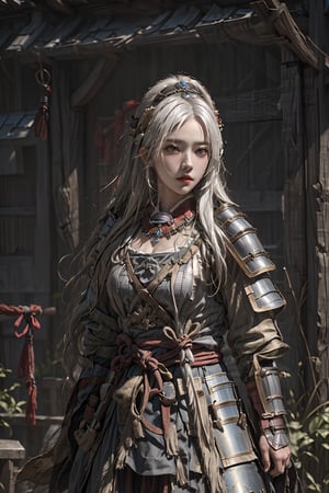 1girl,solo,masterpiece, realistic, best quality, ultra detailed,cowboy_shot ,
White hair,
long_hair, samurai armor