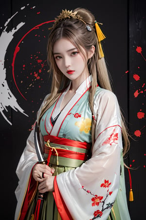 muelsyse (arknights),1girl, solo,hanfu,chinese clothes,splatter background, holding sword, best quality, amazing quality, very aesthetic, absurdres