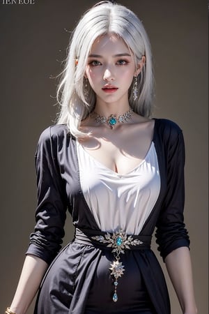 female,masterpiece, realistic, best quality, ultra detailed, waist up, white hair, jewelery, fashionable accessories, dress