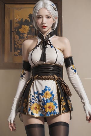 (masterpiece),(best quality),(ultra detailed),1girl,solo,hip up,closed mouth,silky leisure outfit,black stockings,gloves,accessories, BREAK
(white hair color:1.05)