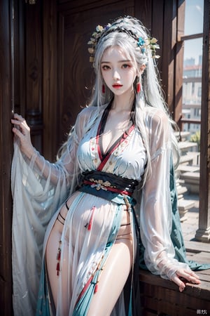 female,masterpiece, realistic, best quality, ultra detailed, waist up, white hair, ((colorful hair)),tattoo, jewelery, fashionable accessories,myhanfu