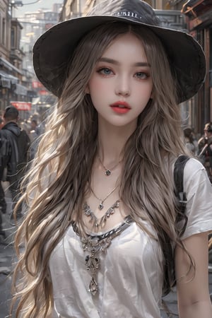 (masterpiece),(best quality),(ultra detailed),1girl,solo,realistic,closed mouth, long hair,accessories, street wear,