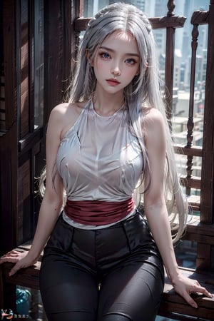 photorealistic, high resolution, 1women, shining skin, solo, hips up, jewelry, pink lips, long white hair, blue eyes, tattoo,aoyem clothes (((no wearing pants)))