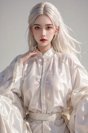 A stunning solo shot of a young woman with striking white long hair, Vietnam tranditional clothing, ao tu than,from thigh,ntgirl